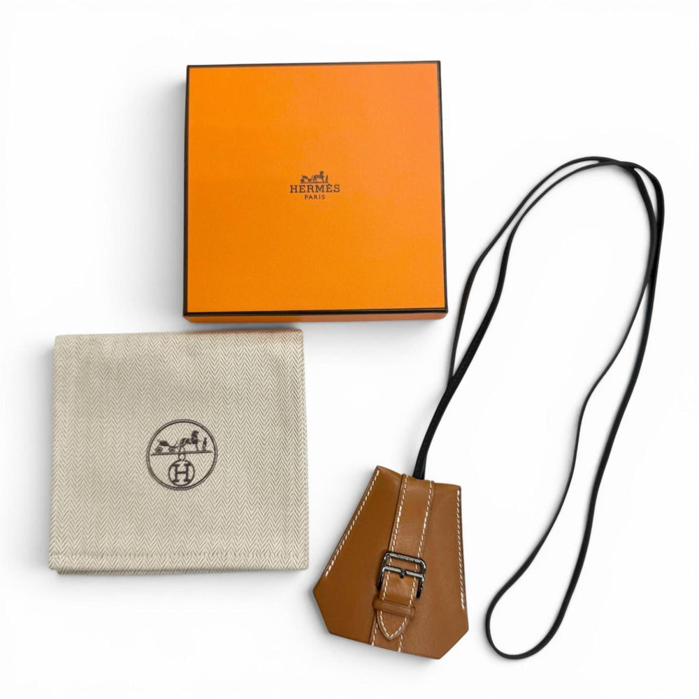 HERMES Hermes Clochette Buckle Long Necklace, Leather, Fauve Black, Silver Hardware, K Stamp, Current Model, Made in France, Men's, Comes with Box and Dust Bag — Like New