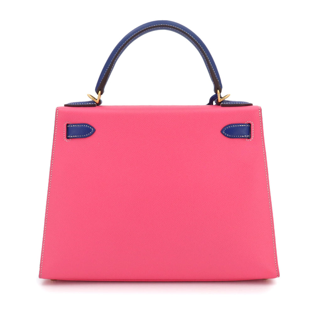 Hermes Kelly 28 Personal SPO Epsom Rose Azalee Blue Electric Hand Shoulder Handbag A Stamp External Stitching Matte Gold Hardware — Like New