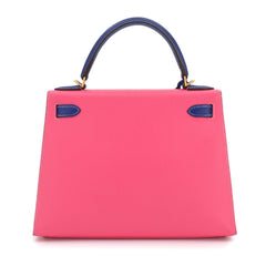 Hermes Kelly 28 Personal SPO Epsom Rose Azalee Blue Electric Hand Shoulder Handbag A Stamp External Stitching Matte Gold Hardware — Like New