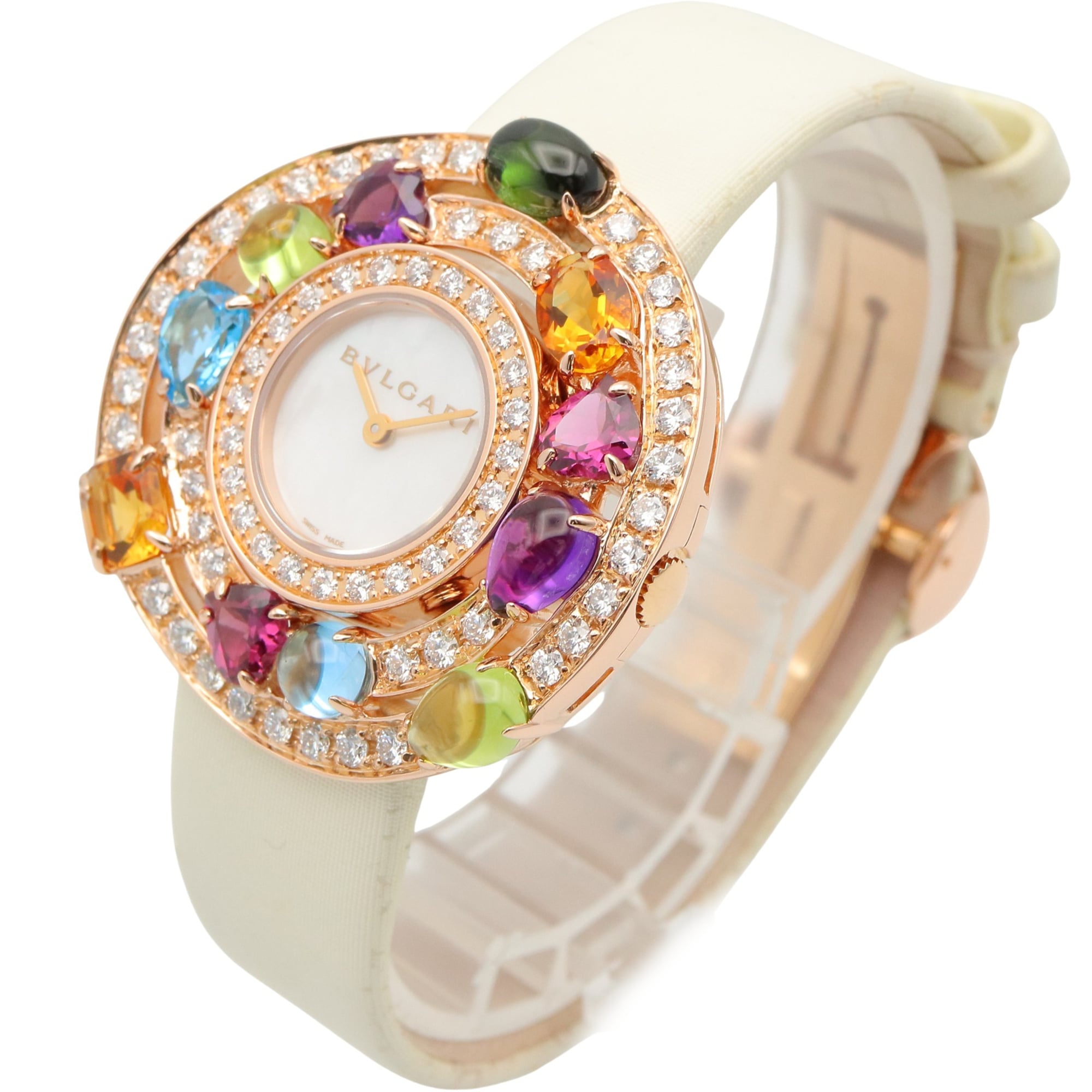 Bulgari BVLGARI Astrale Cerchi Diamond & Colored Stone Watch, 18K Pink Gold (PG), Diamond, Leather Strap, Women's, White, White Shell, AEP36G — Very Good