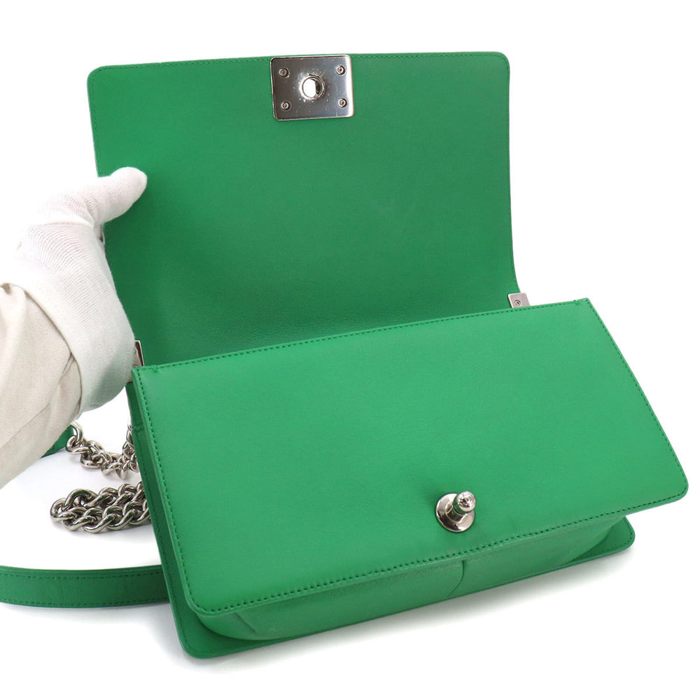 Chanel Boy Chain Shoulder Handbag, Lambskin, Green, A67086, Silver Hardware — Like New
