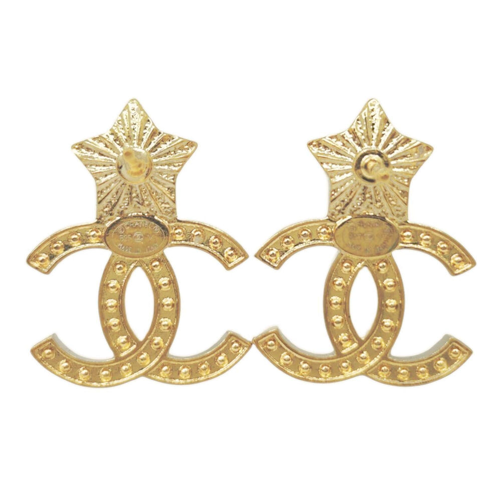 CHANEL Star Earrings, Metal, Gold, B25V, Rhinestone, Coco Mark, White, Women's — Like New