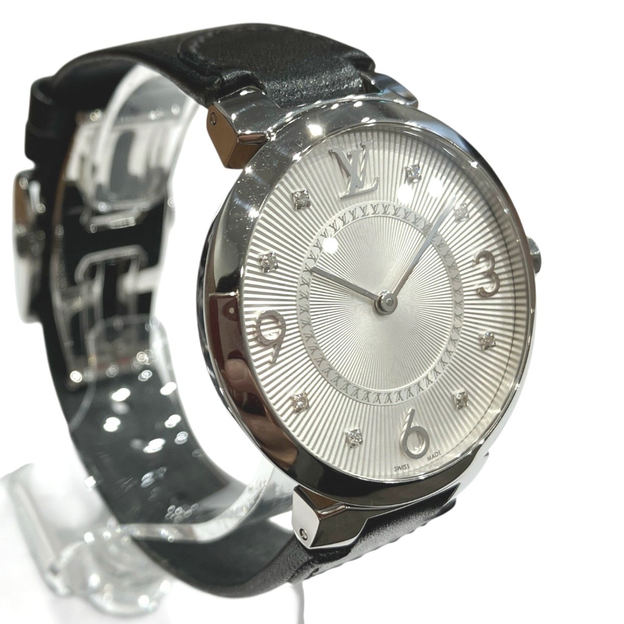 Louis Vuitton Tambour watch, total weight 48g, stainless steel, genuine leather strap, quartz movement, silver dial, Q13MJ — Good