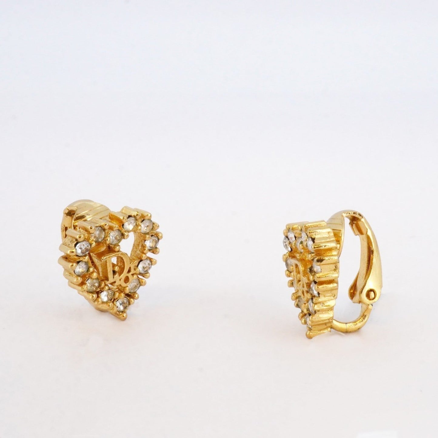 Christian Dior earrings, heart motif, GP plated, rhinestone, gold, for women.