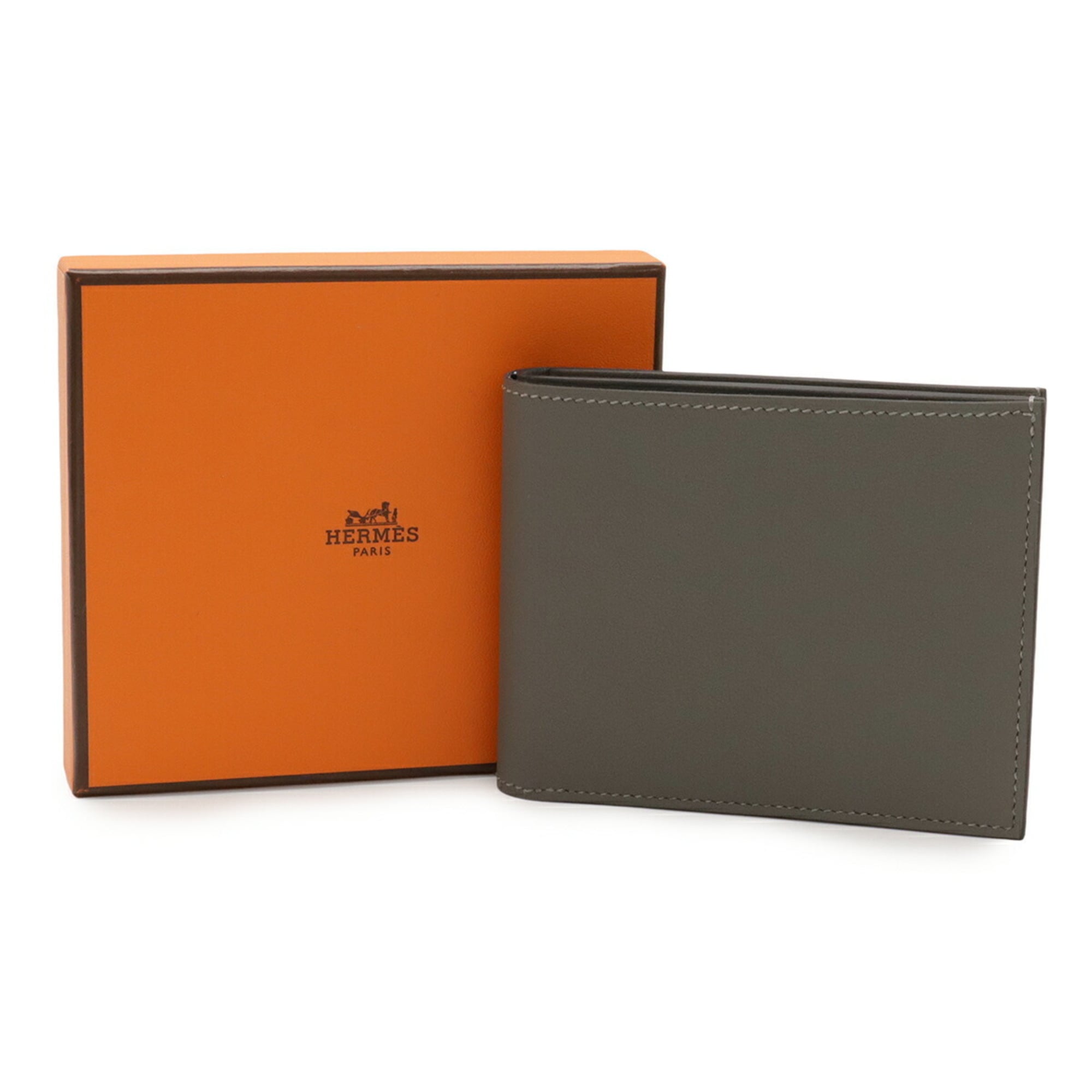 HERMES Citizen Twill Compact Bi-fold Wallet in Swift Leather and Silk, Gray, B Stamp