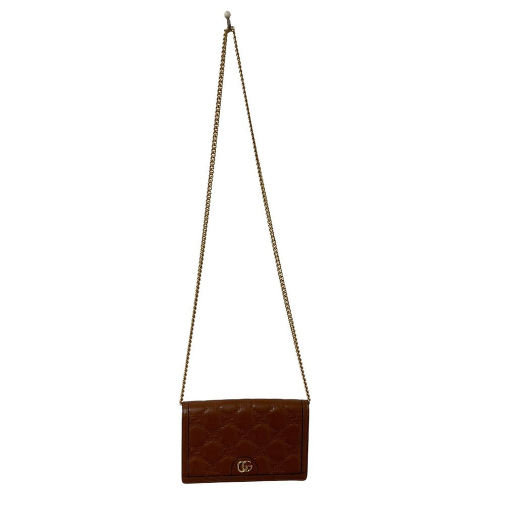 GUCCI GG Matelasse Leather Wallet, Chain Shoulder Bag, 723787, Brown, Women's — Like New