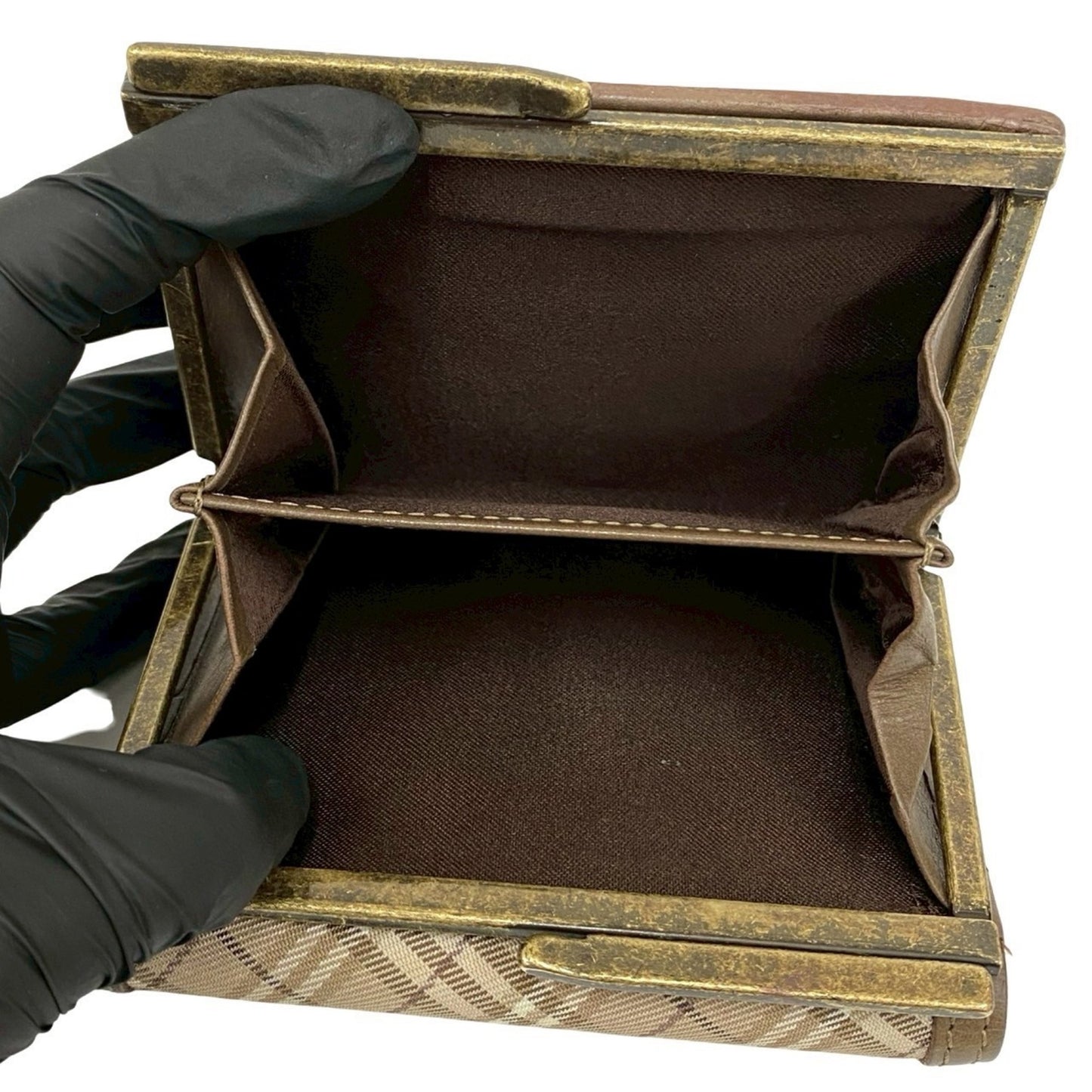 BURBERRY Blue Label Nova Check Shadow Horse Logo Clasp Closure Canvas and Leather Tri-Fold Wallet in Greige (39335)