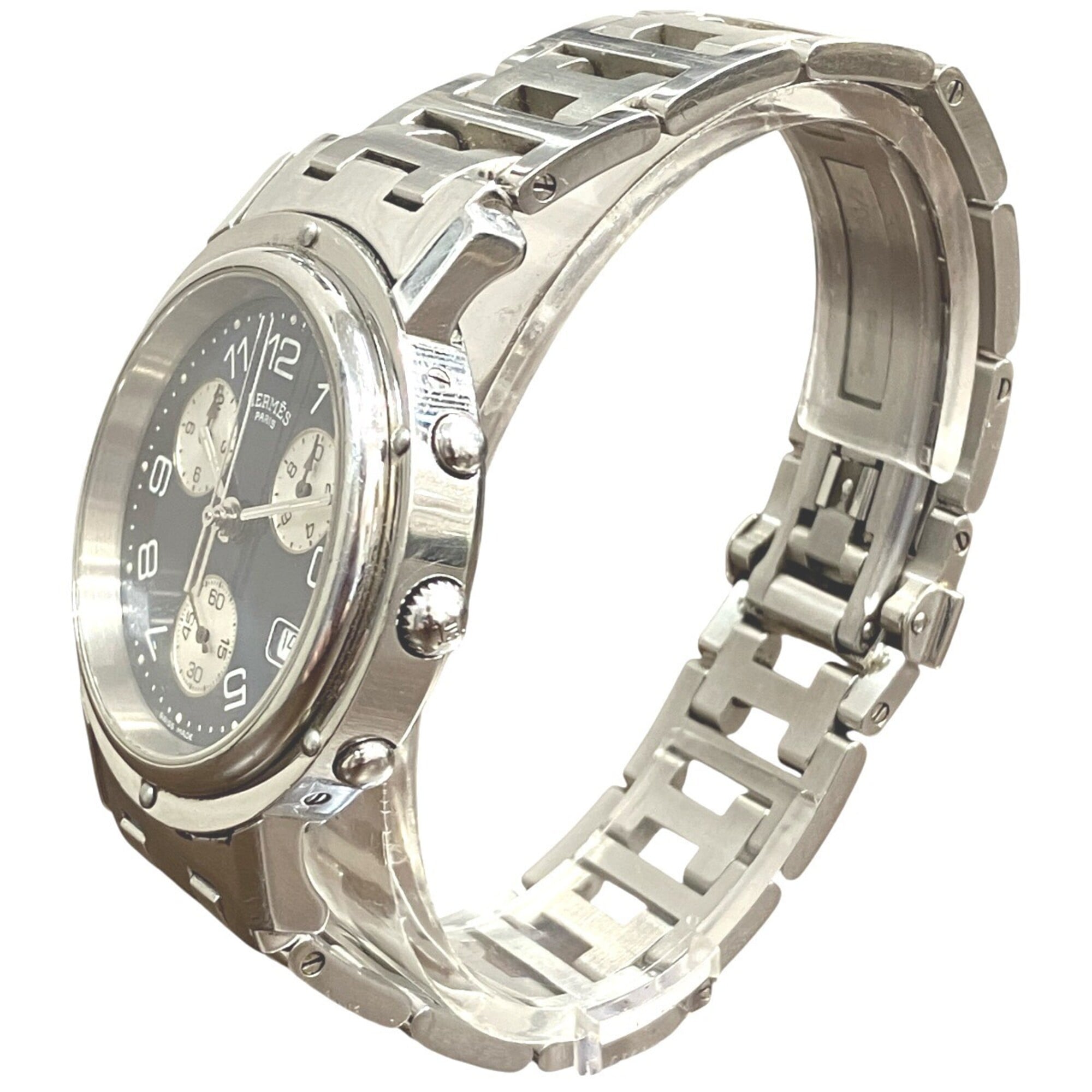 Hermes Clipper watch, total weight 102.4g, stainless steel, quartz movement, navy dial, CL1.910 — Good