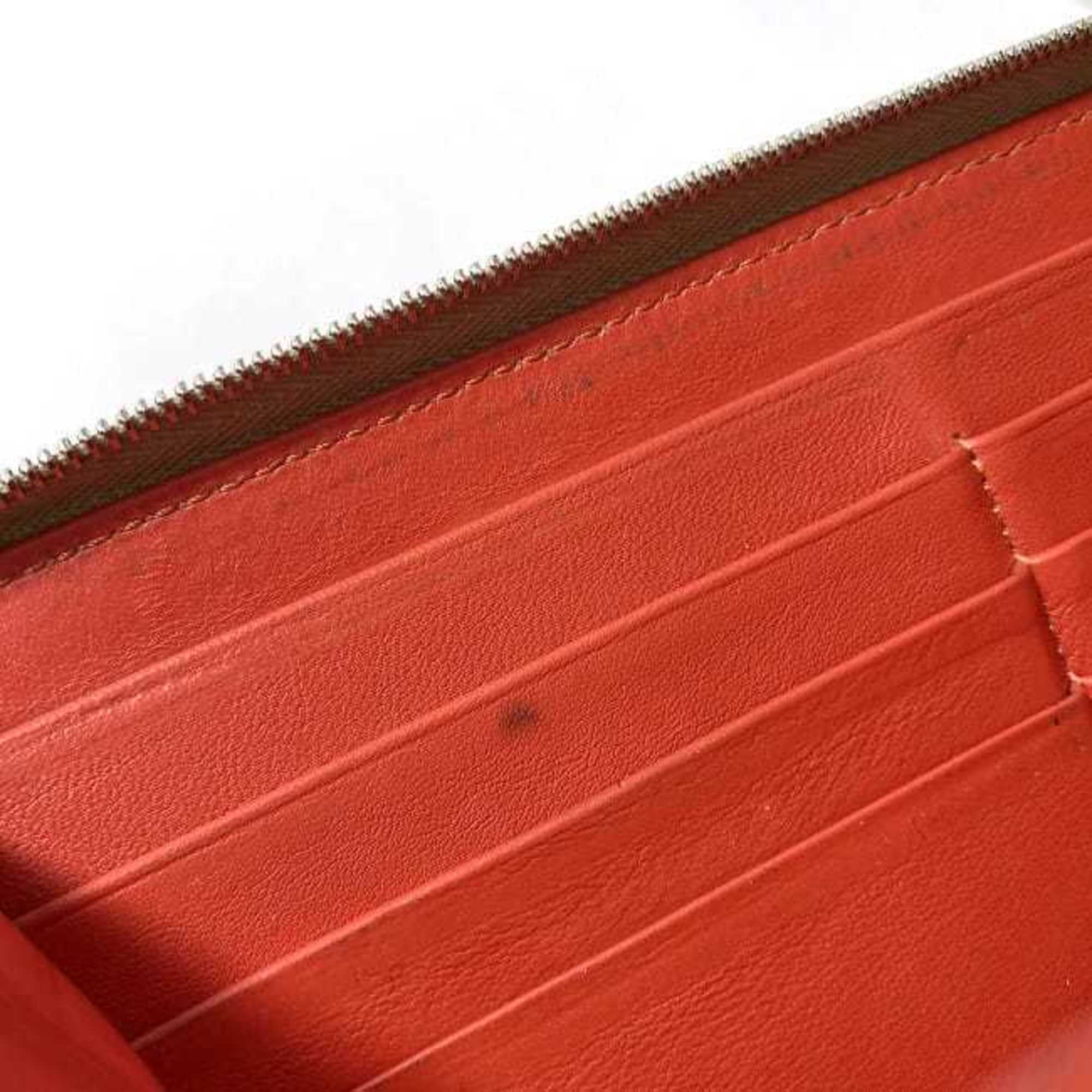 CELINE Round Long Wallet Beige Red Silver Leather Zip Ladies