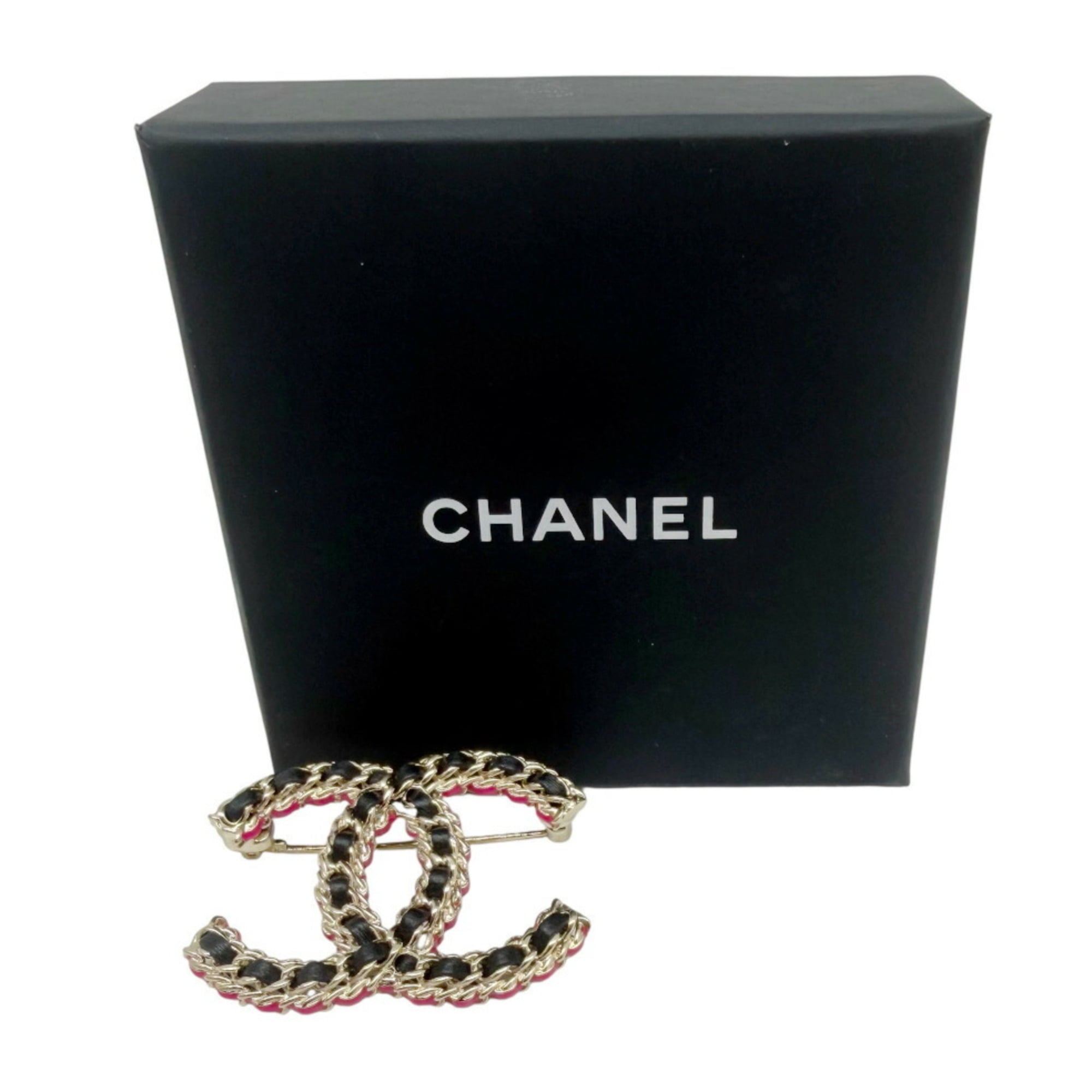 CHANEL CC Brooch Coco Black Pink B23B Champagne Gold Leather Chain Women's Men's — Like New