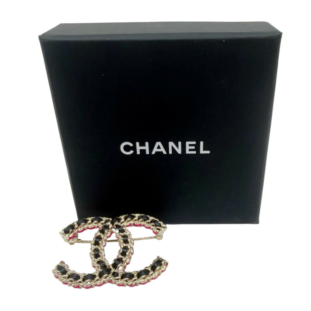 CHANEL CC Brooch Coco Black Pink B23B Champagne Gold Leather Chain Women's Men's — Like New