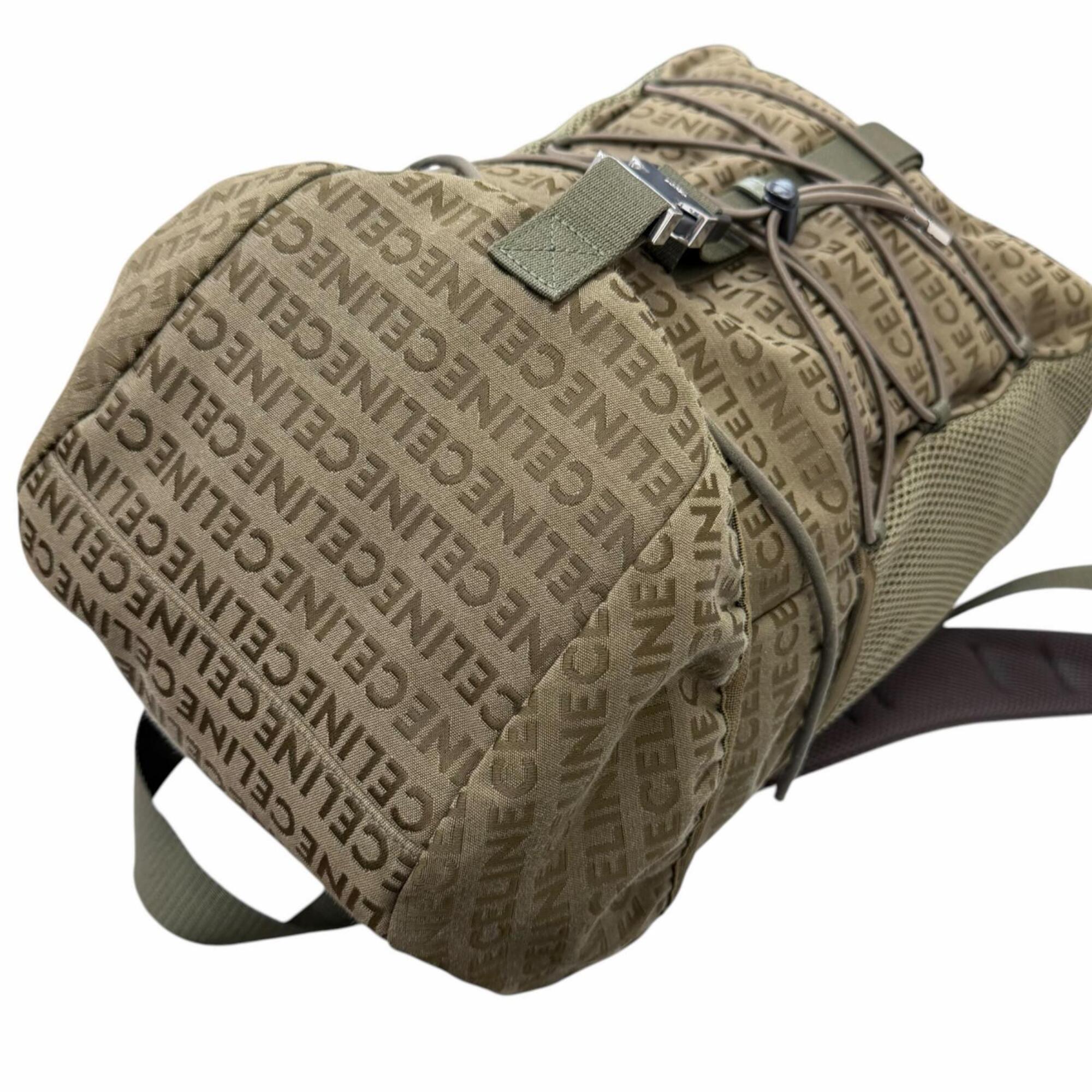 CELINE 198462 Canvas and Leather Trim, Logo Print Trekking Backpack/Daypack, Khaki, Men's, with Dust Bag — Like New