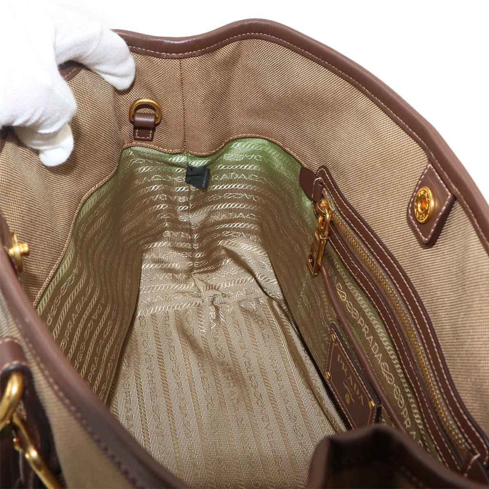 Prada Jacquard Ribbon 2-way Hand/Shoulder Handbag, Canvas and Leather, Beige/Brown Logo Bag — Like New