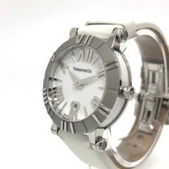 TIFFANY & Co. Z1300.11.11A20A41A White Ceramic Atlas Quartz Date Watch with Stainless Steel and Leather Strap, Silver — Good