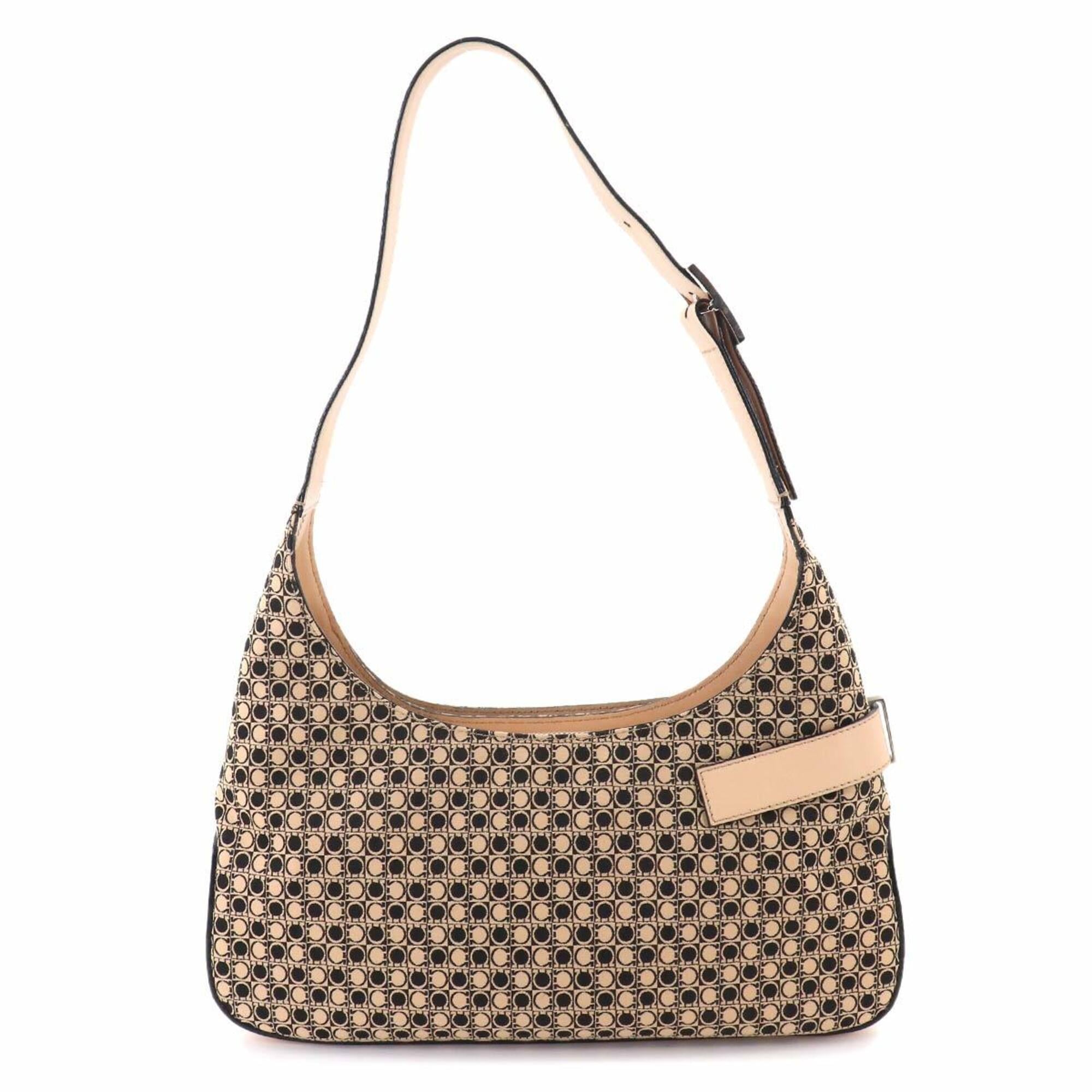 Salvatore Ferragamo Gancini Shoulder Handbag, Canvas and Leather, Beige Black, AQ-21 0201 Bag — Like New