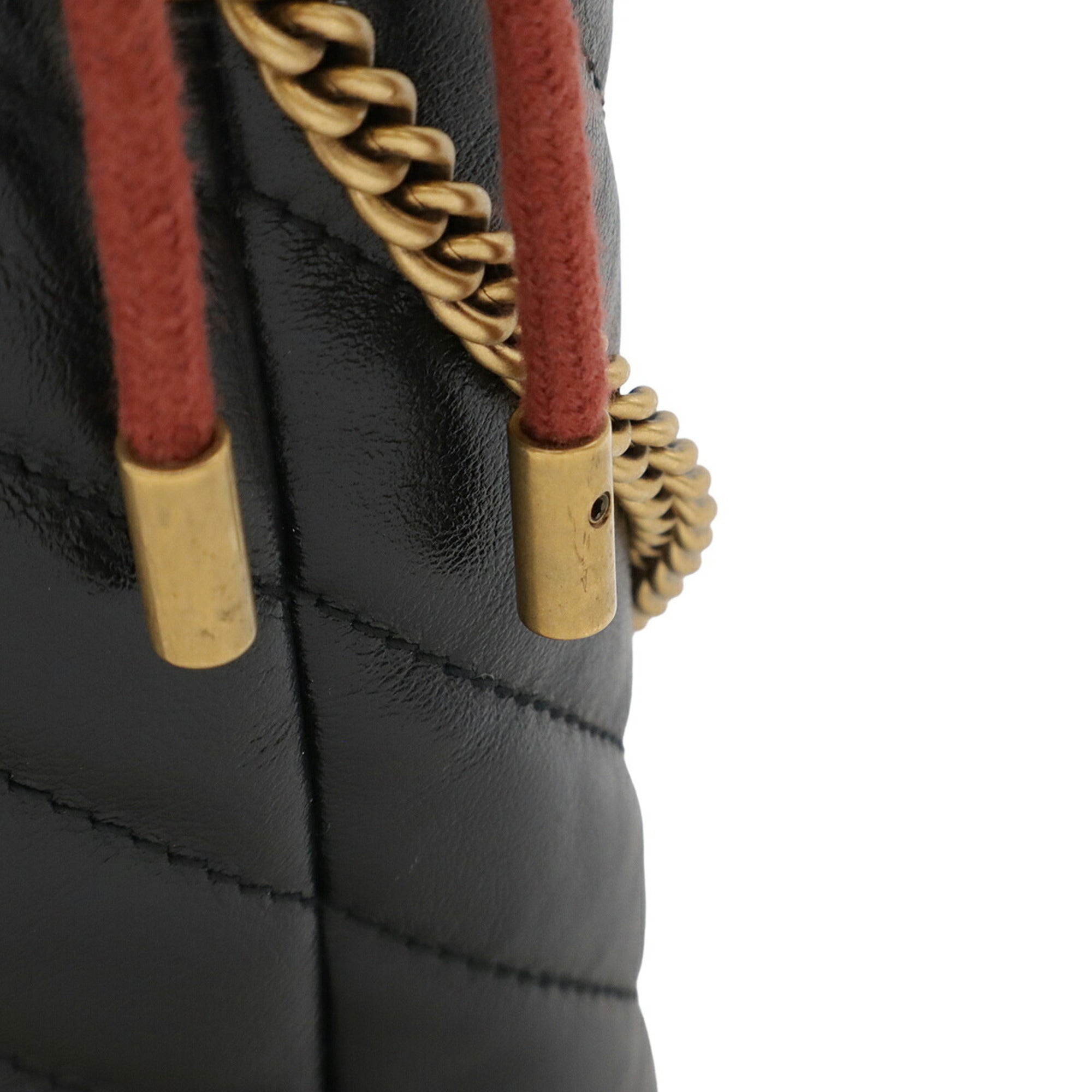 GUCCI GG Marmont Mini Bucket Bag, Shoulder Chain Leather, Black, Red, 573817