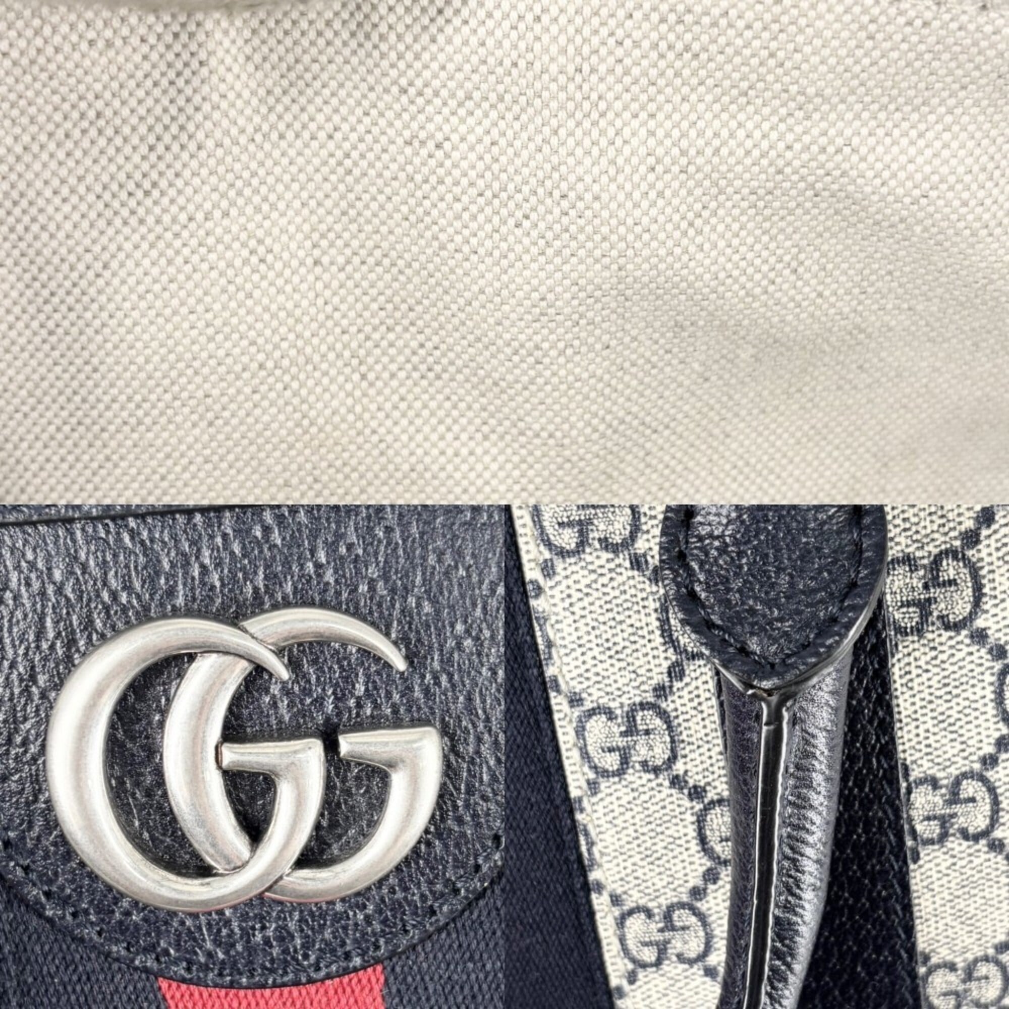 Gucci Boston Bag for Men and Women, Ophidia Medium Duffle Bag, Handbag, Shoulder Crossbody Travel GUCCI 724642, GG Supreme Canvas, Leather, Navy, Beige, Silver Hardware — Like New