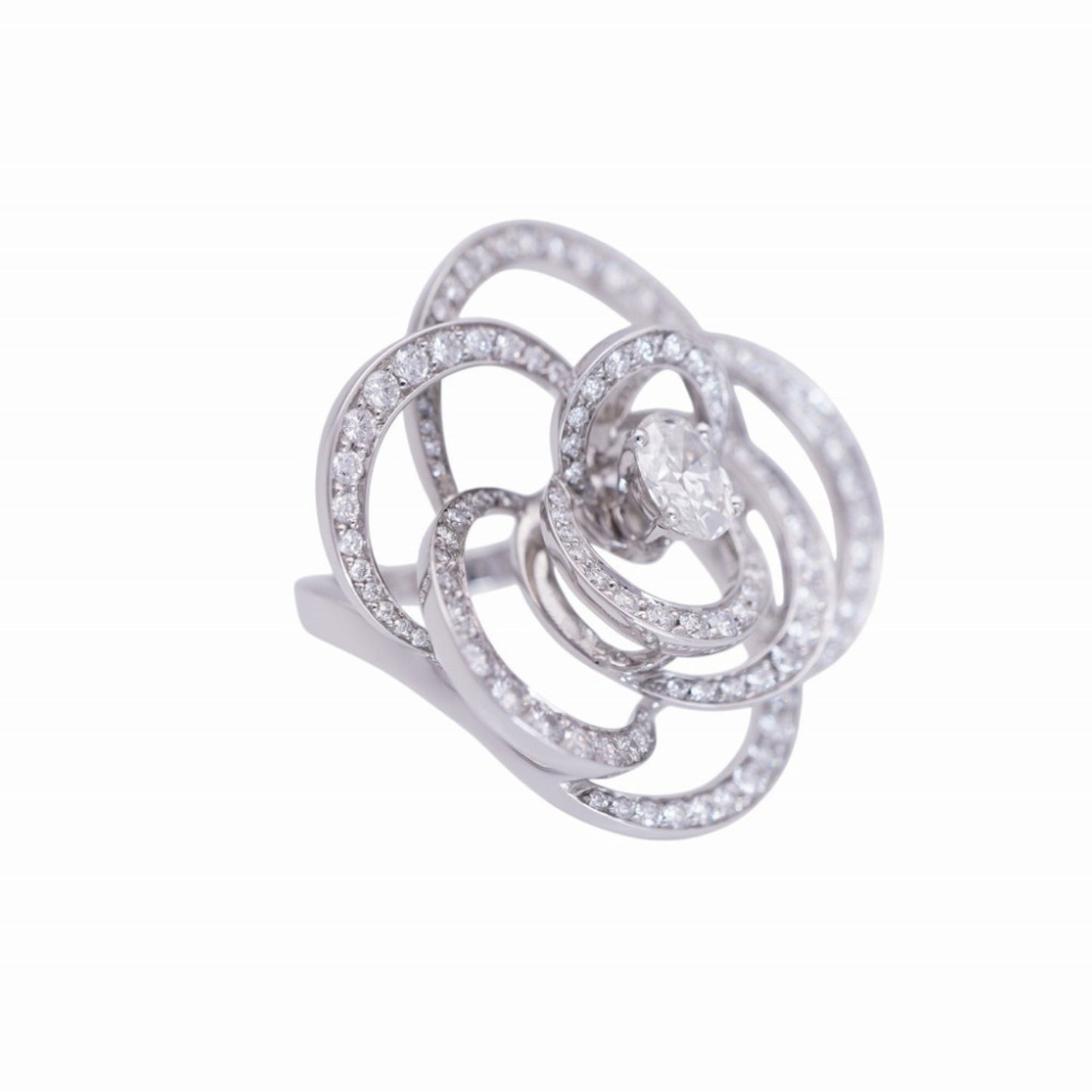 CHANEL Camellia Oval Ring with 0.8ct Diamonds / 140ct and 1.81ct Diamonds, #51, 18KWG 750 White Gold, 0234, Women's