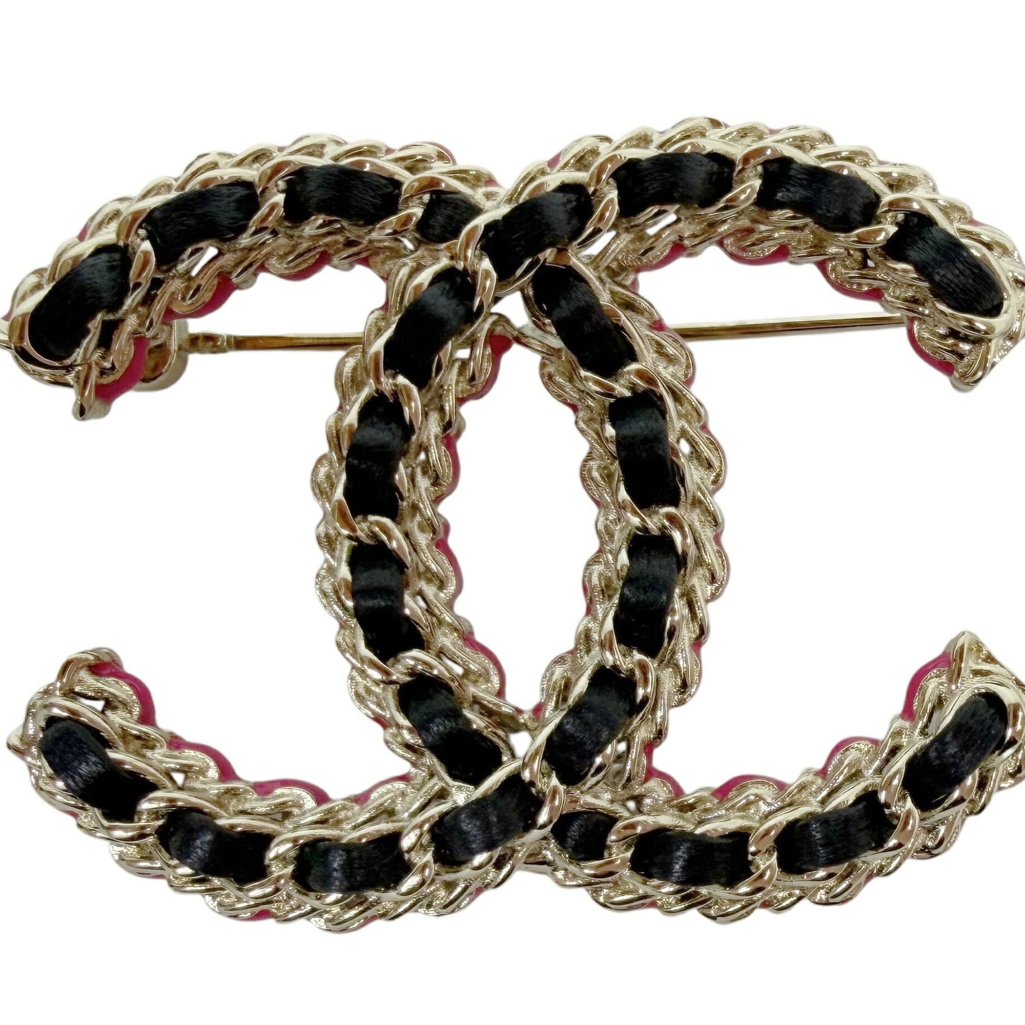 CHANEL CC Brooch Coco Black Pink B23B Champagne Gold Leather Chain Women's Men's — Like New
