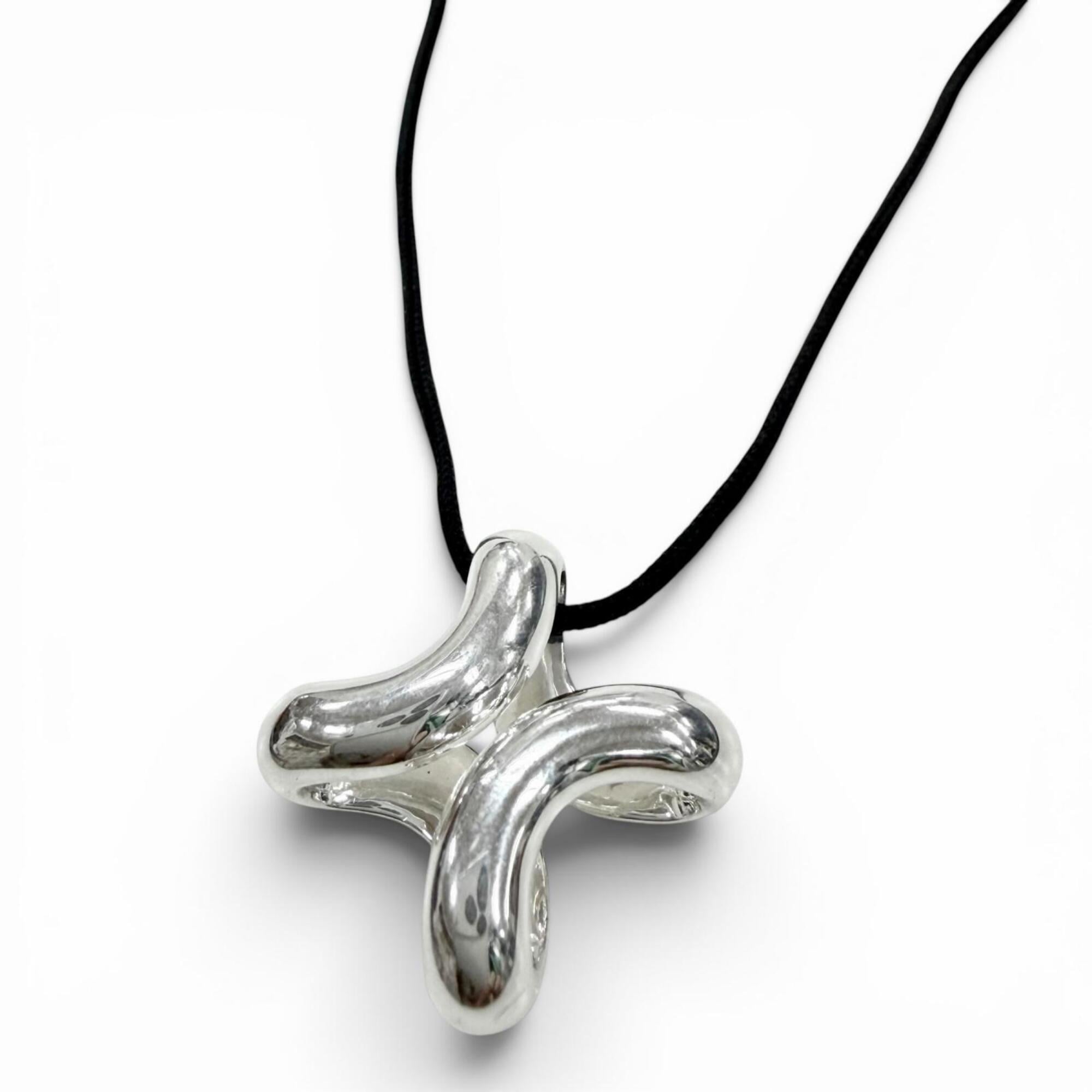 HERMES Lima PM AG925 Fabric Necklace, Silver/Black, Total Weight 12.8g, Men's/Women's Accessory — Like New