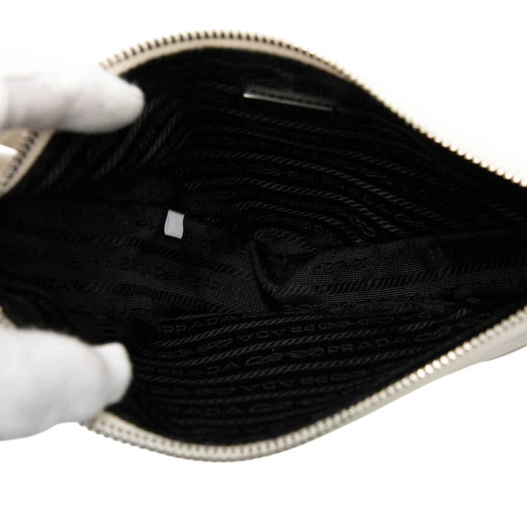 Prada Triangle Logo Plate Pouch Clutch Bag 1NE039 White Leather Women's PRADA