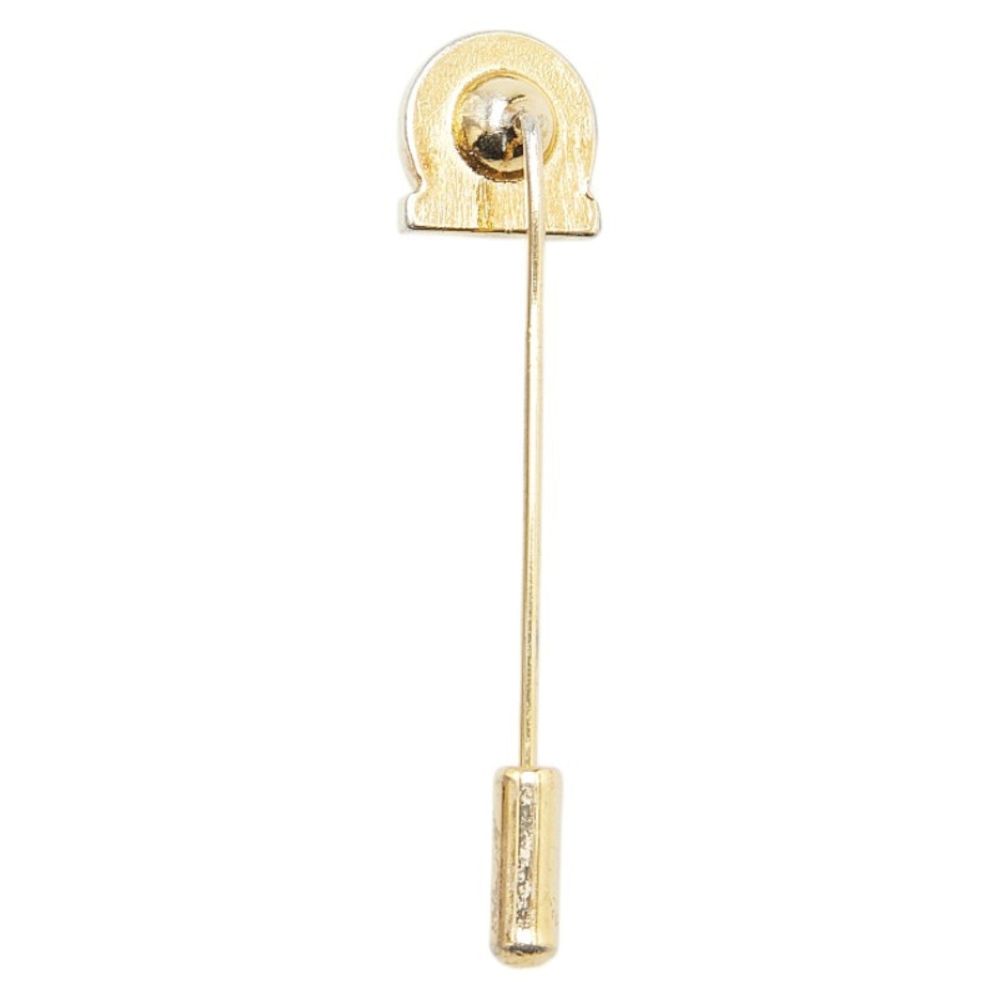 Salvatore Ferragamo Gancini rhinestone pin brooch, gold plated, for women.