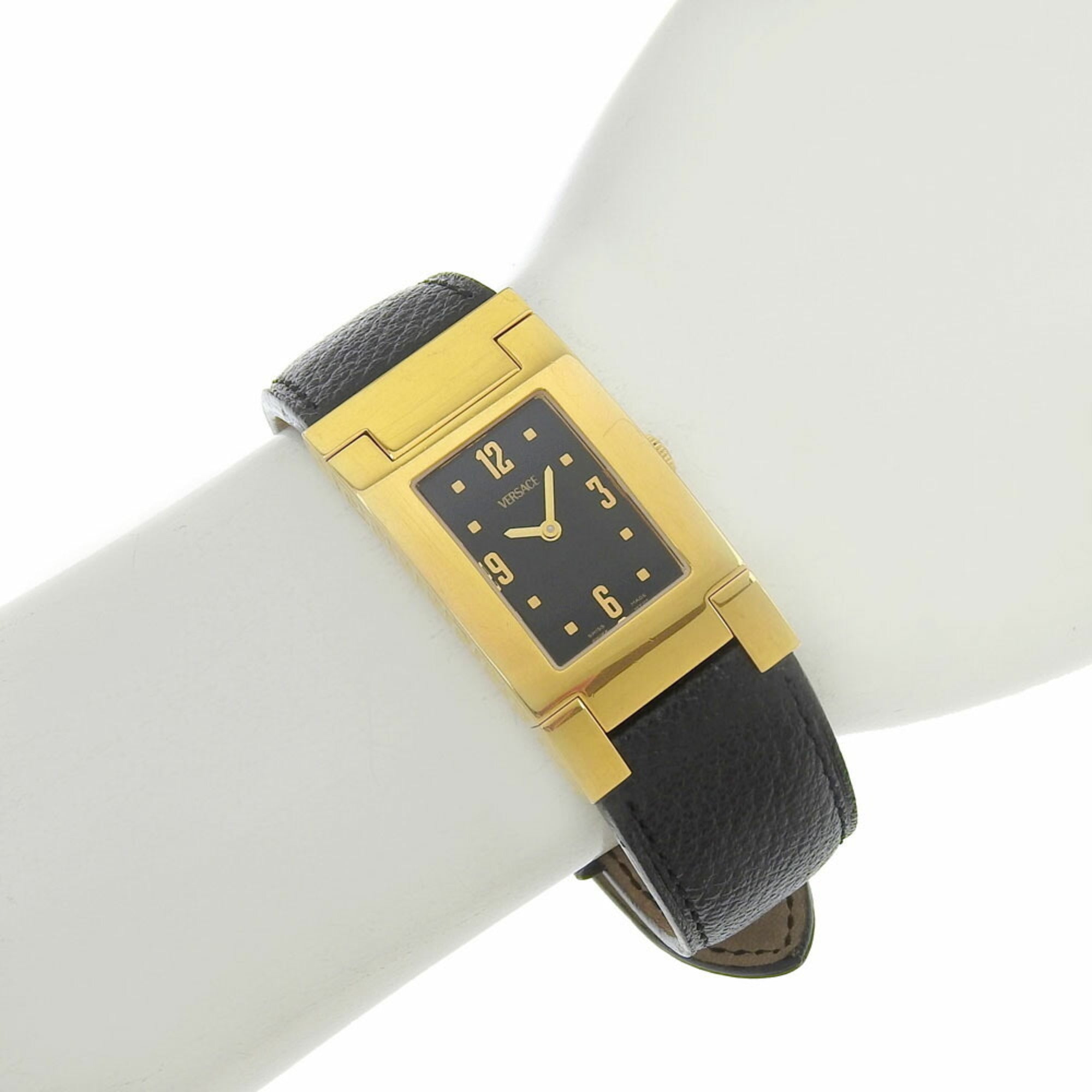 Versace VERSACE ALQ90 Rectangular Black Dial GP/Leather Quartz Watch Battery Women's — Good