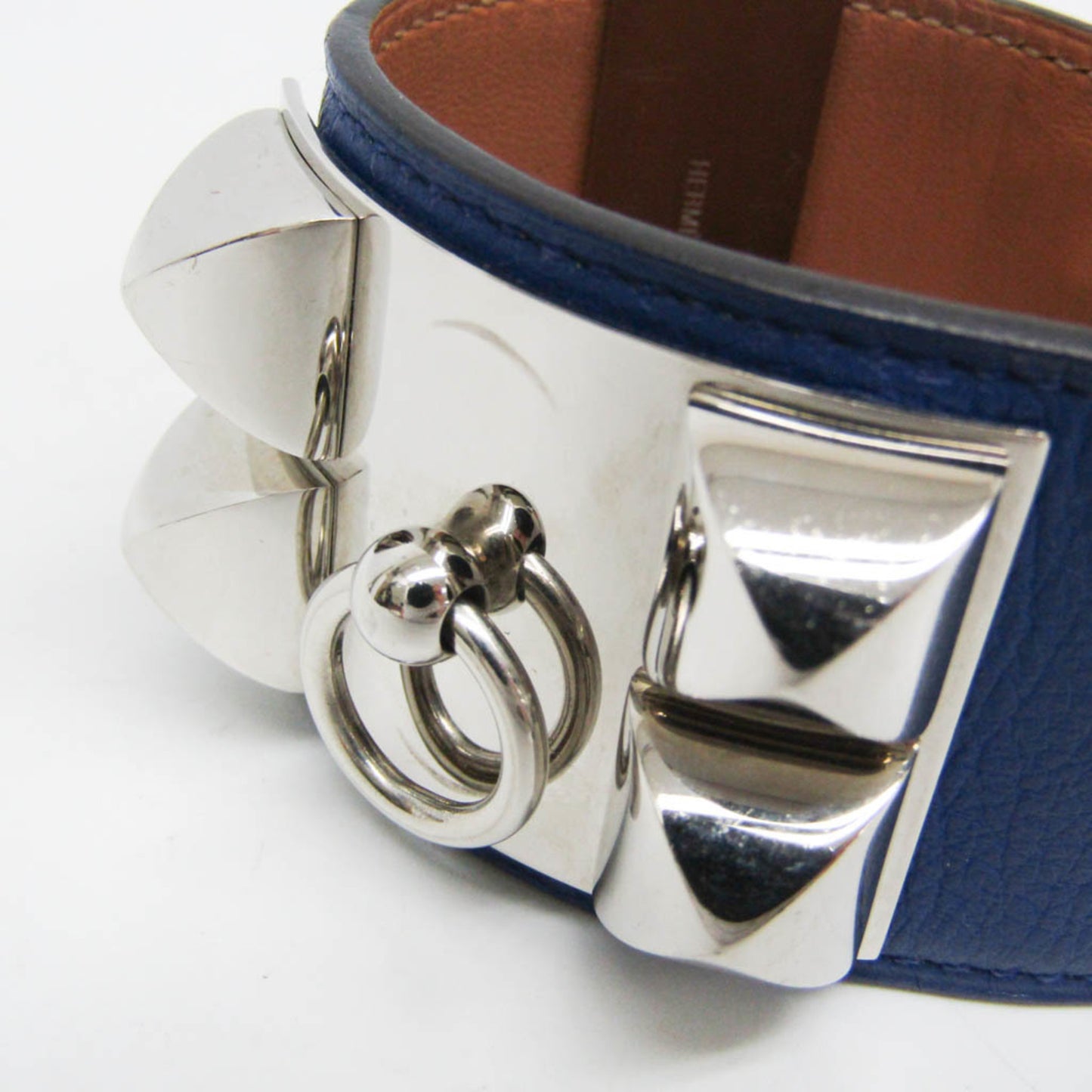 Hermes Collier De Chien Leather,Metal Bangle Silver,Bleu Saphir