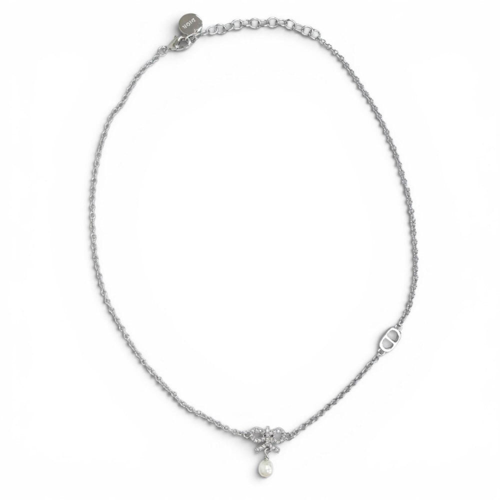 Christian Dior DIOR CD logo ribbon motif rhinestone faux pearl necklace accessory, silver, for women — Like New