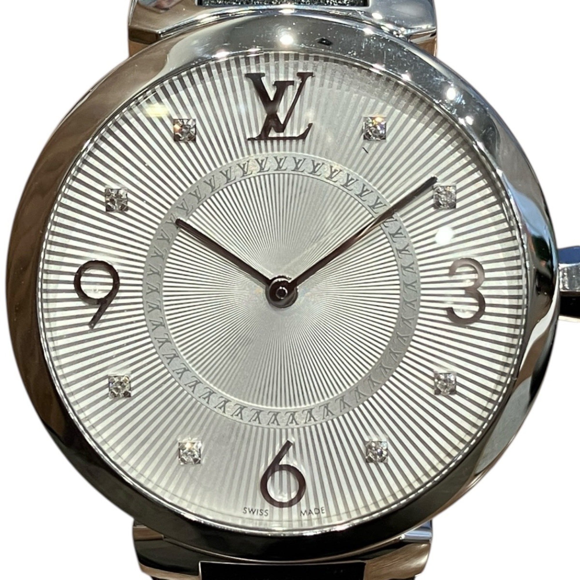 Louis Vuitton Tambour watch, total weight 48g, stainless steel, genuine leather strap, quartz movement, silver dial, Q13MJ — Good