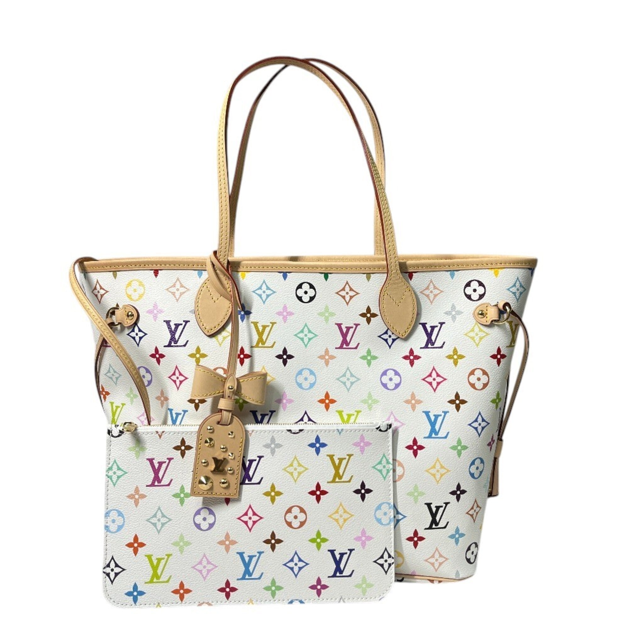 LOUIS VUITTON M27787 LV × TM Takashi Murakami Collaboration Neverfull MM Handbag with Pouch, Tote Bag, Monogram Multicolor Canvas, Women's, Blanc White — New