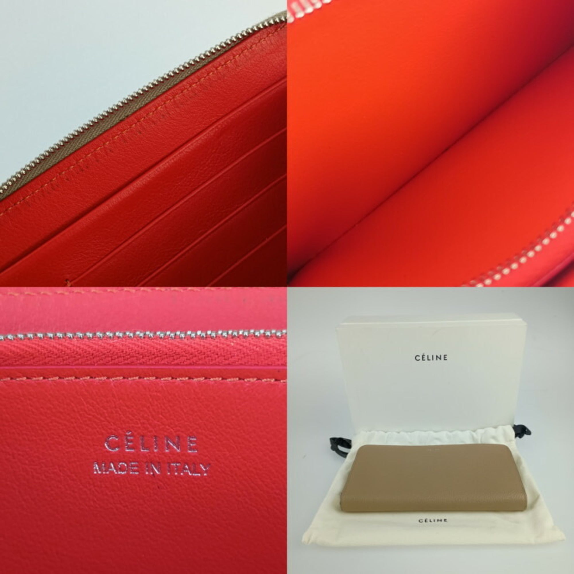CELINE Long Wallet Large Zipped Beige Orange Red Leather Women's Bicolor Round