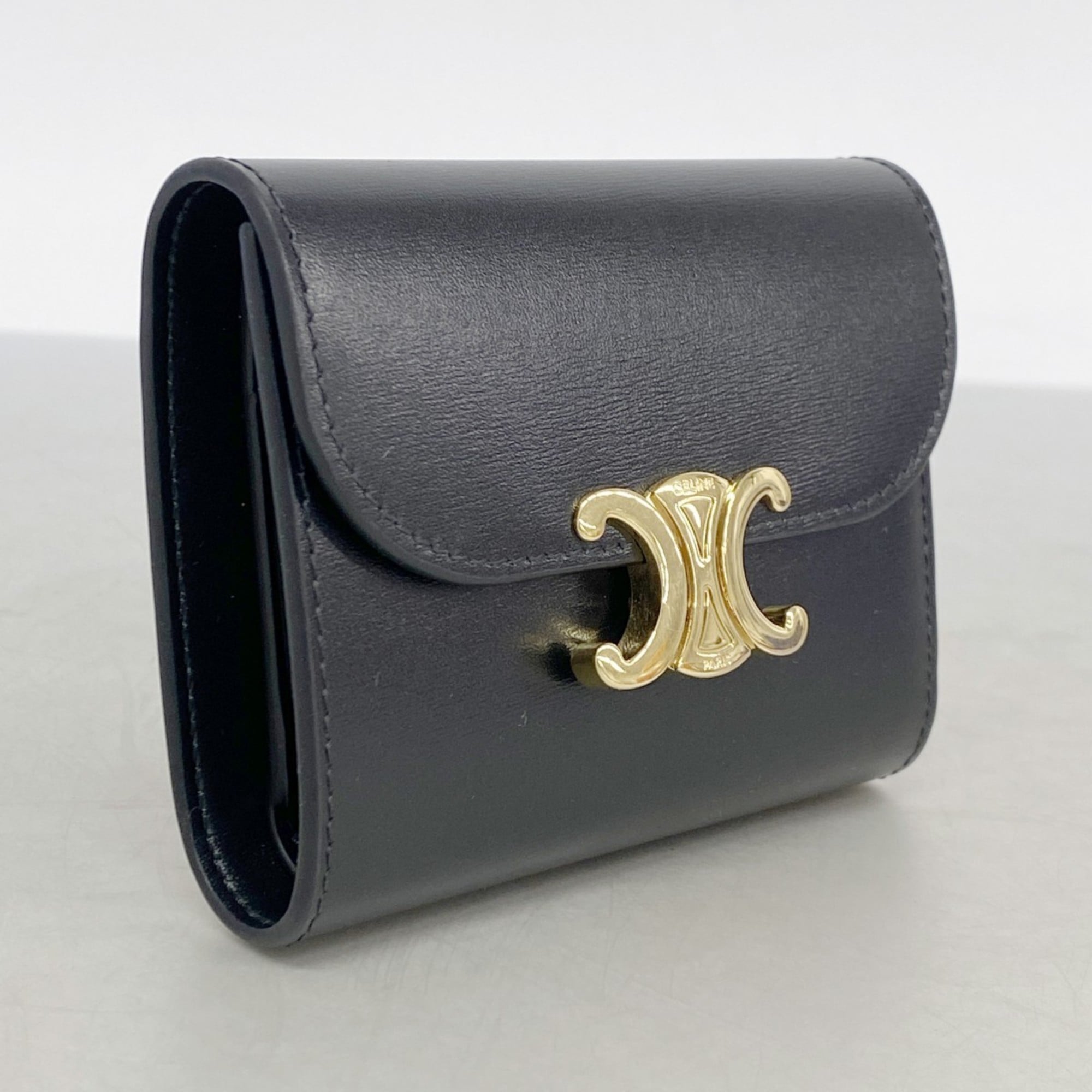 Celine Triomphe Leather Wallet Black Women's