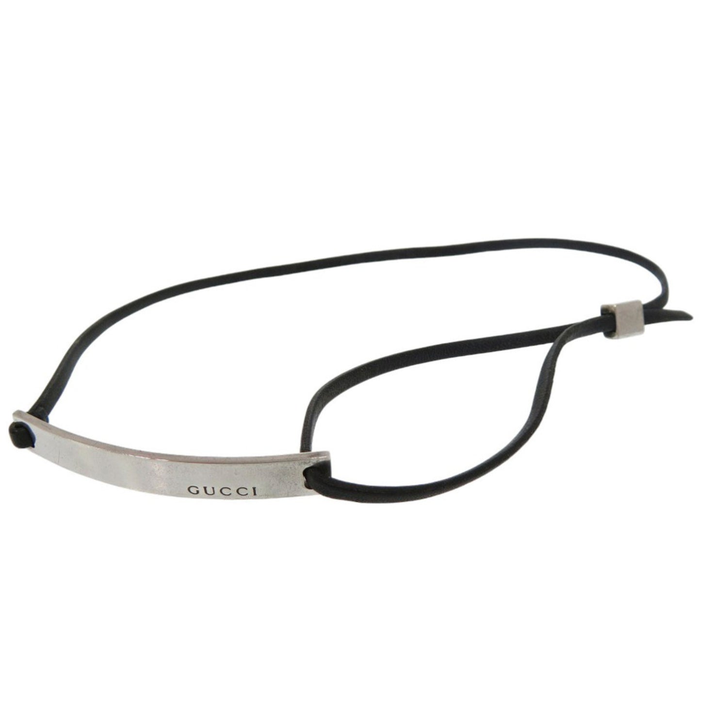 Gucci logo plate choker necklace in 925 silver and black leather. 1708 GUCCI