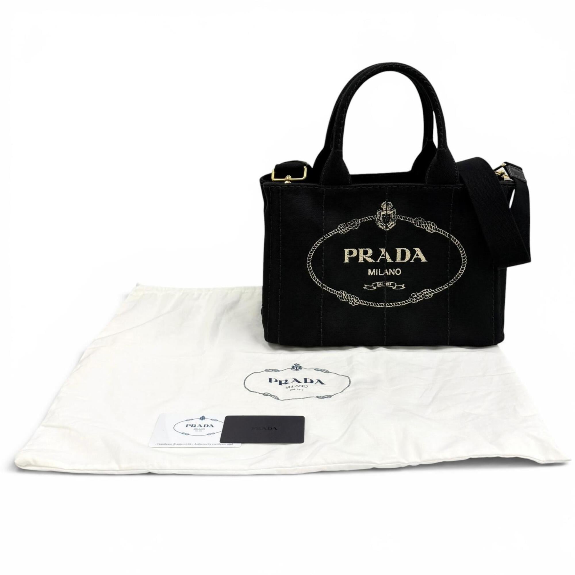 PRADA 1BG439 Canapa NERO Triangle Logo Plate Design Canvas 2-way Tote Bag for Women with Dust — Like New