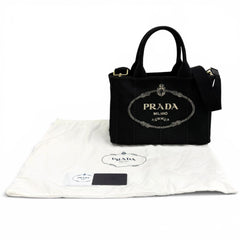 PRADA 1BG439 Canapa NERO Triangle Logo Plate Design Canvas 2-way Tote Bag for Women with Dust — Like New