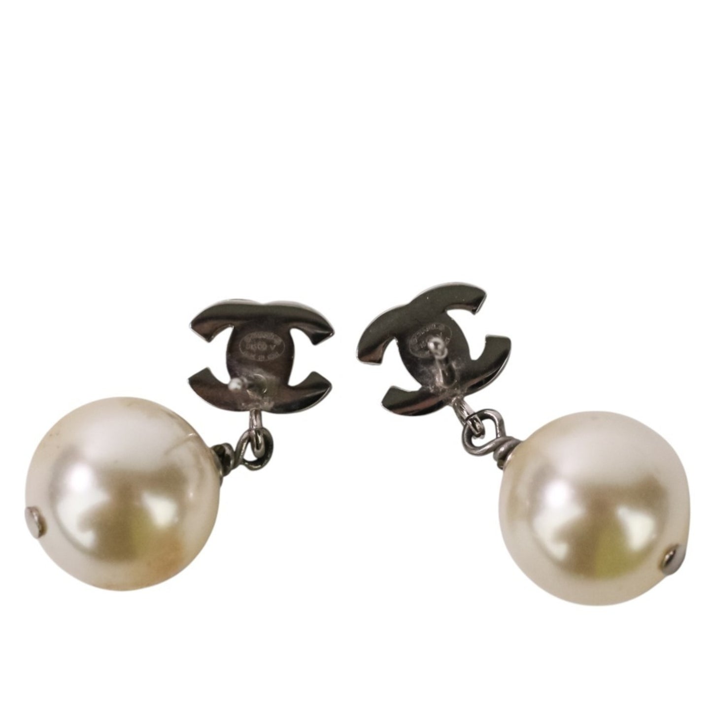 Chanel Faux Pearl & Rhinestone Coco Mark Stud Earrings in White and Silver