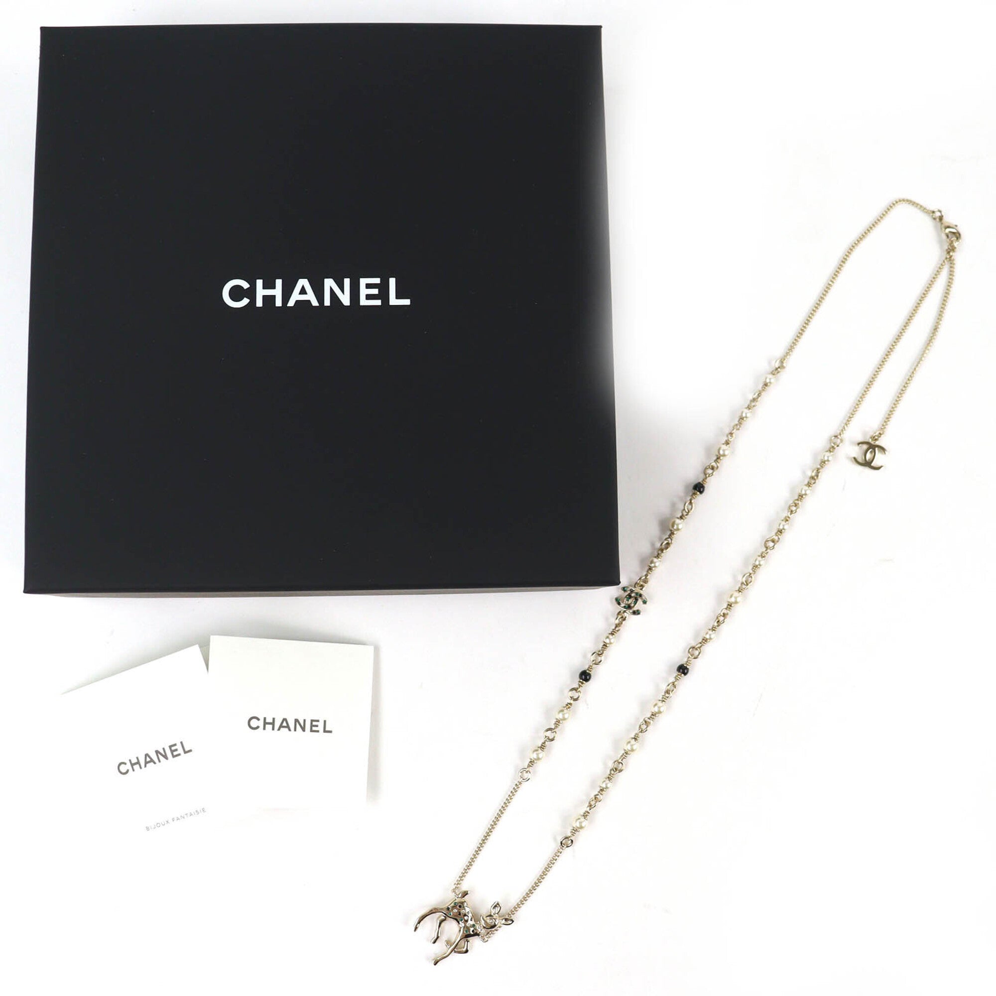 CHANEL Bambi Coco Mark Rhinestone Faux Pearl Necklace, 2026 Model, Gold, Comes with Box and Case, Made in Italy, Women's — Like New
