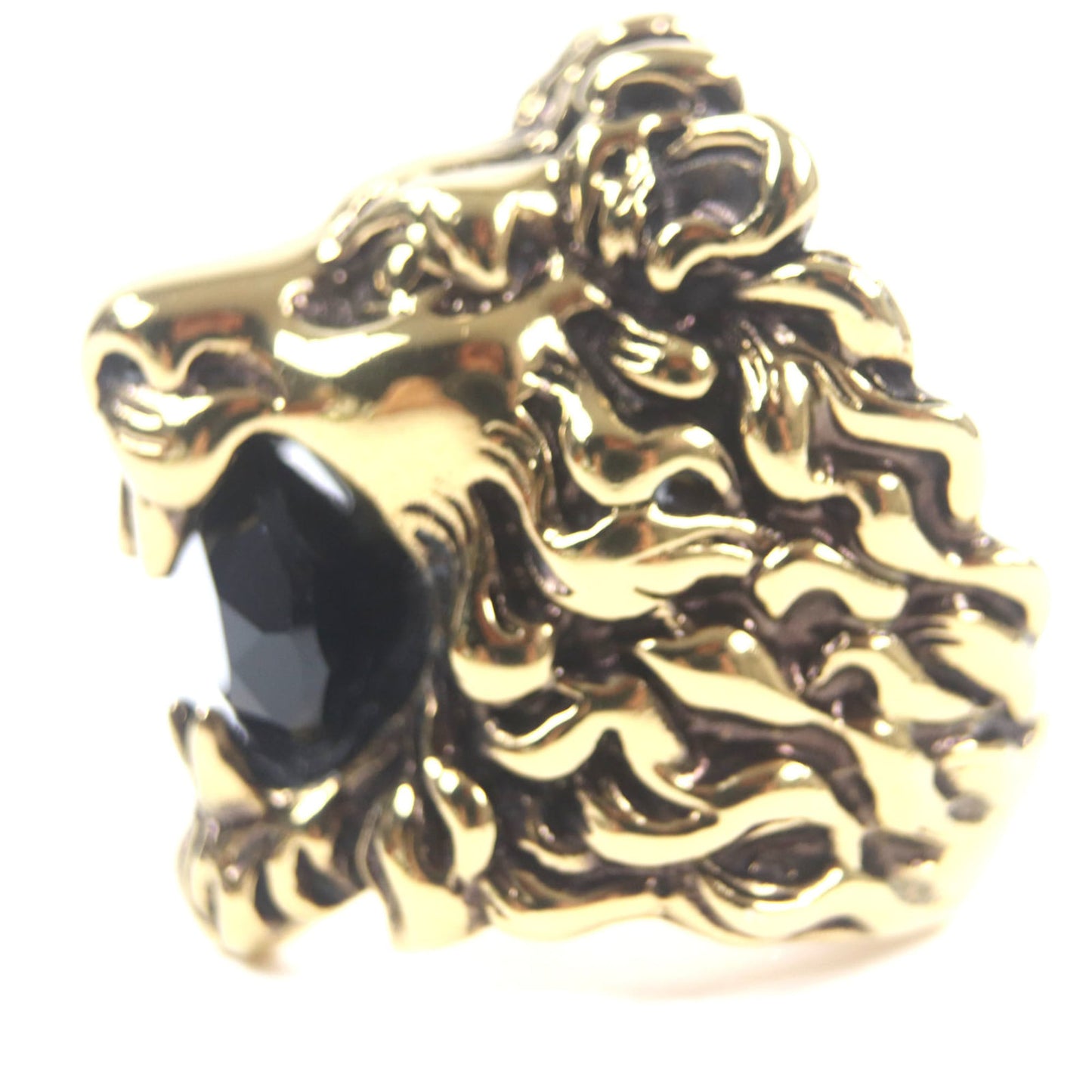 GUCCI Lion Head Ring with Color Stones, Gold and Black, Size 16, Comes Box Dust Bag, Made in Italy, Men's