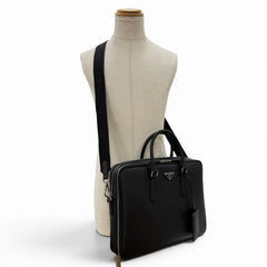 PRADA 2VE022 Saffiano Leather Triangle Logo 2-Way Briefcase Business Bag Black Made in Italy Men's — Like New