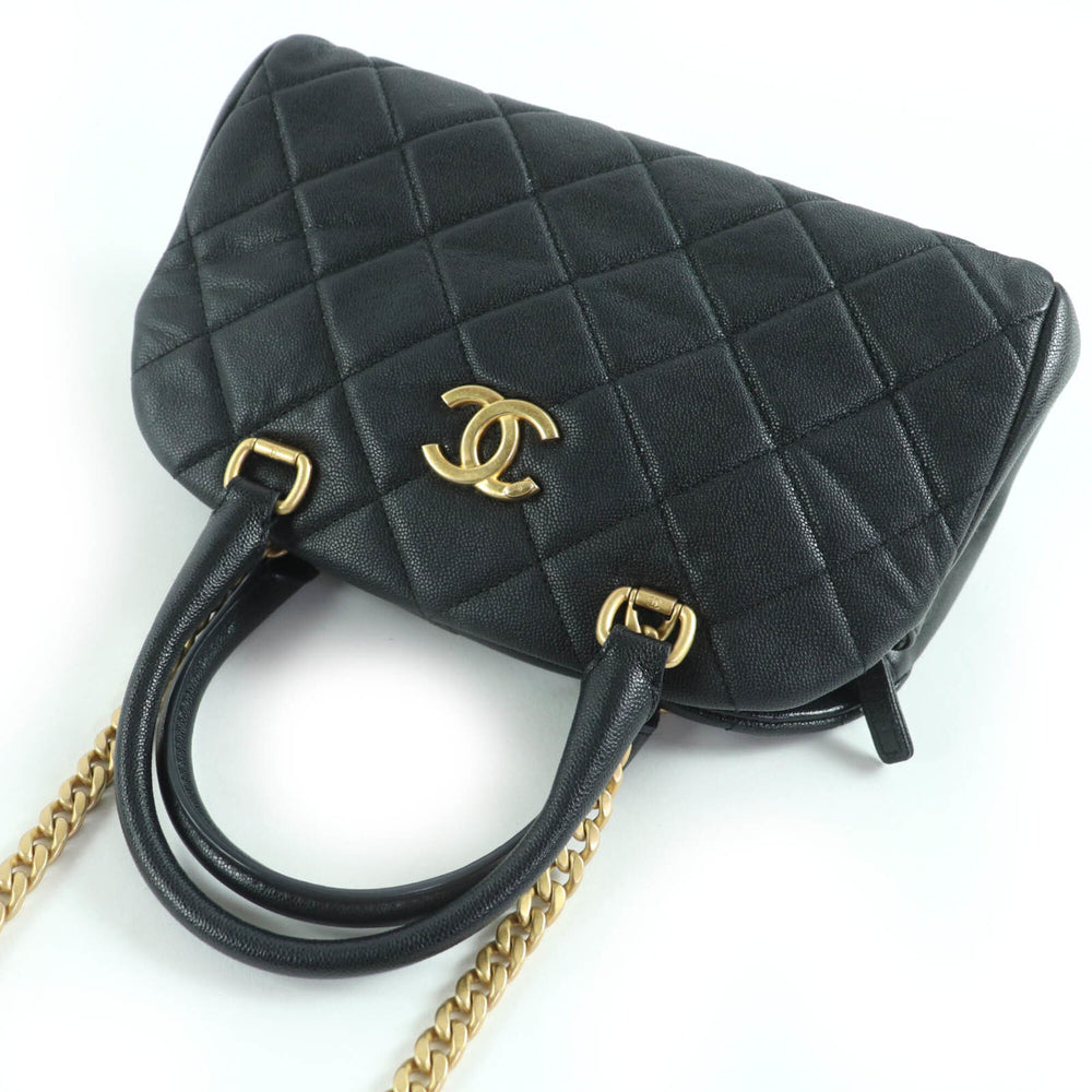 CHANEL AS3893 Caviar Skin Matelassé Coco Mark 2-Way Bowling Bag Handbag Black Gold Hardware Comes with Box and Dust Made in Italy Women's — Like New
