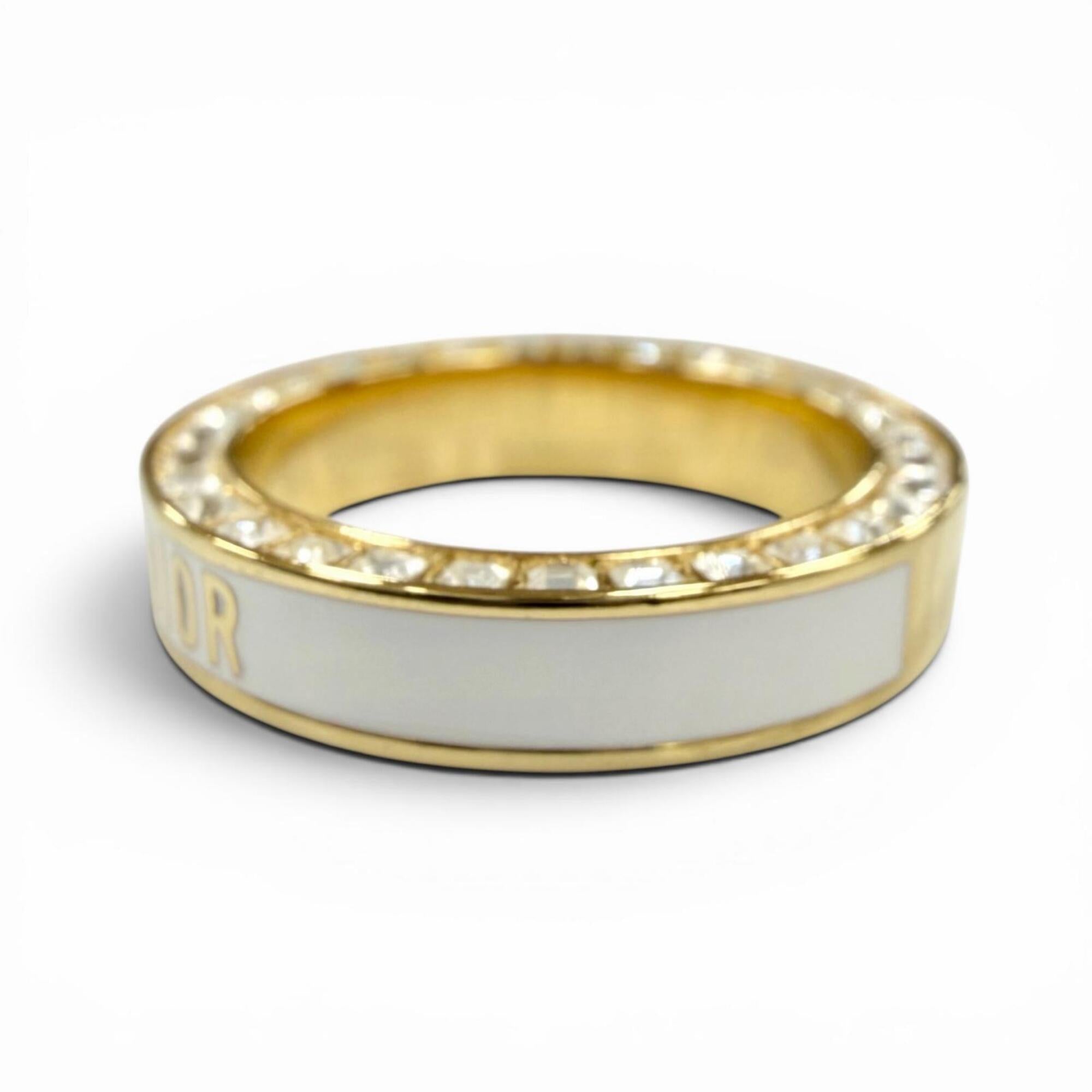 Christian Dior DIOR Night Code ring with crystal logo, rhinestones, and pavé crystals. White gold, size S. Women's. Comes box dust bag — Like New