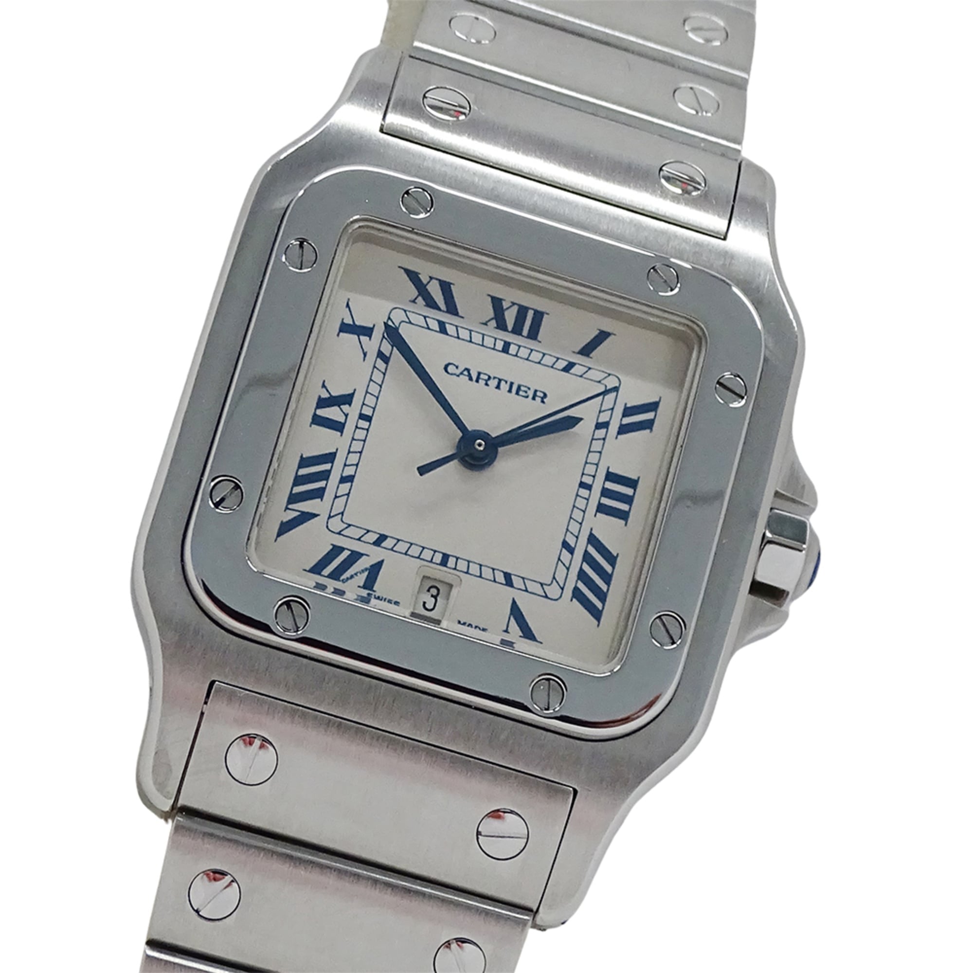 Cartier men's watch, Santos Galbee LM, date, quartz movement, stainless steel (SS), W20018D6, silver/ivory, polished — Good