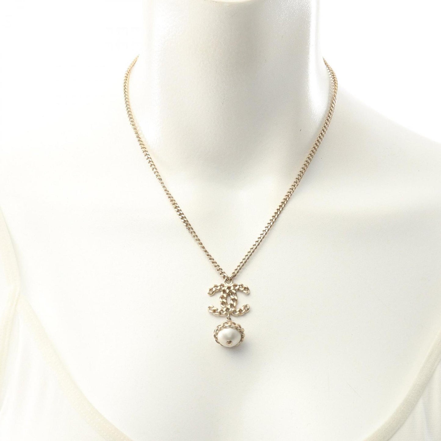 Chanel Coco Mark Necklace, Gold Plated with Faux Pearls, Women's, and White