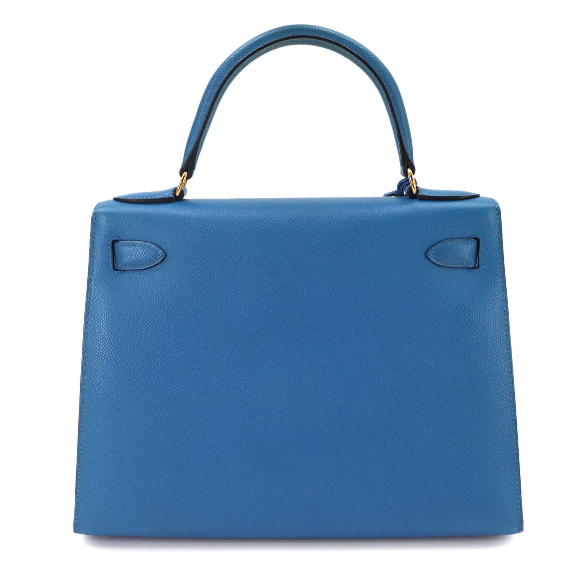 Hermes Kelly 28 2-way Hand/Shoulder Handbag, Courchevel Epsom Leather, Blue France, External Stitching, □A Stamp, Made in 1997, Gold Hardware — Like New