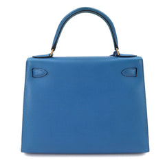 Hermes Kelly 28 2-way Hand/Shoulder Handbag, Courchevel Epsom Leather, Blue France, External Stitching, □A Stamp, Made in 1997, Gold Hardware — Like New