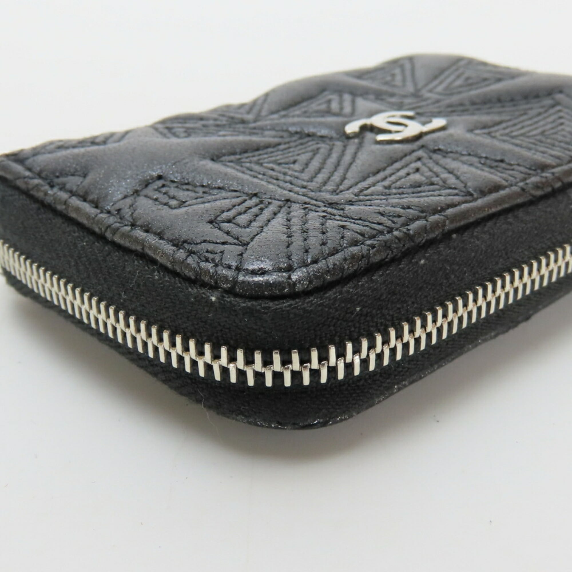 CHANEL Wallet/Coin Case, Star Embossed Coco Mark, Metallic Lambskin, Black, Round Zip, Women's