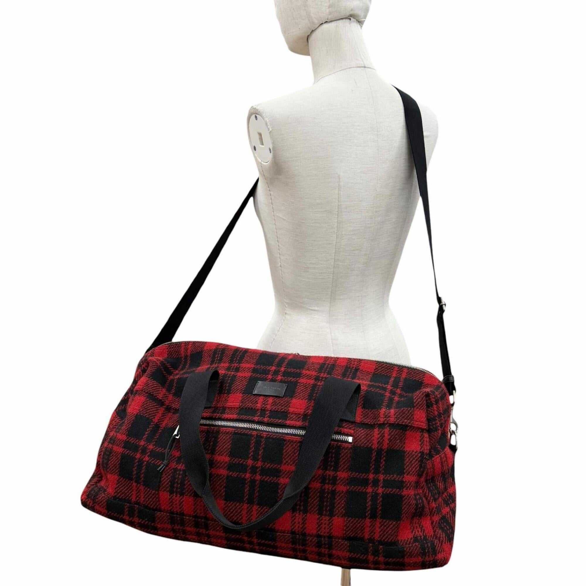 Yves Saint Laurent SAINT LAURENT PARIS 594400 Wool Leather Check Pattern 2-Way Duffle Bag/Boston Bag with Logo Patch, Red/Black, Made in Italy, Suitable for Women and Men — Like New