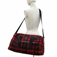 Yves Saint Laurent SAINT LAURENT PARIS 594400 Wool Leather Check Pattern 2-Way Duffle Bag/Boston Bag with Logo Patch, Red/Black, Made in Italy, Suitable for Women and Men — Like New