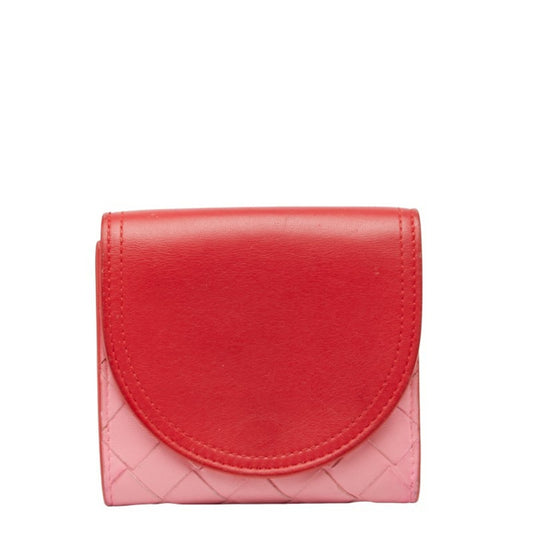 Bottega Veneta Intrecciato Bi-fold Wallet 577841 Red Pink Leather Women's BOTTEGAVENETA